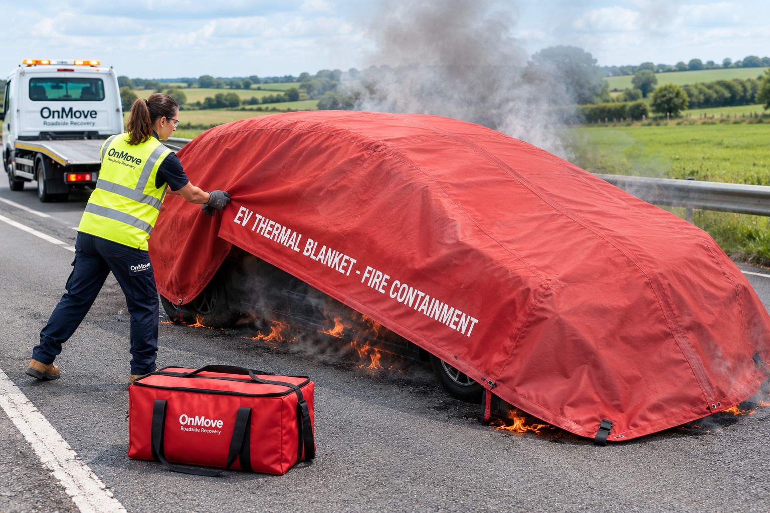 EV thermal fire blanket used for vehicle fire containment