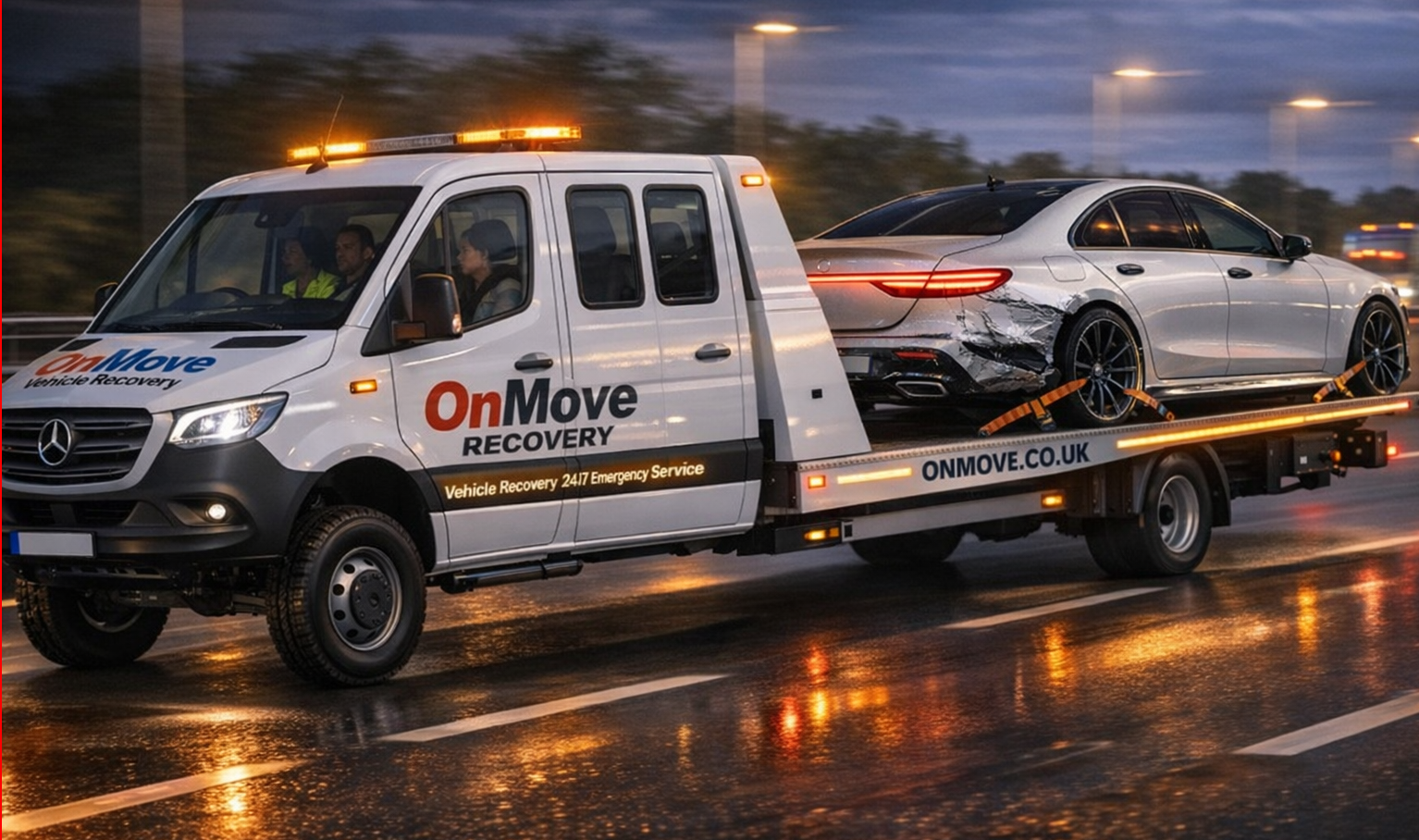 OnMove Recovery  towing damaged luxury car on a night-time motorway